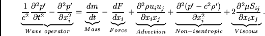 \begin{displaymath}
\underbrace{{\frac{1}{c^2}}{\frac{\partial ^{2} p ^{\prime }...
...%%
\partial ^{2} \mu S_{ij} }{\partial x_{i}x_{j}}}_{Viscous}.
\end{displaymath}